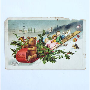 Antique Postcard Victorian Christmas Sleigh Toys Dolls Snow Germany Vintage 1908